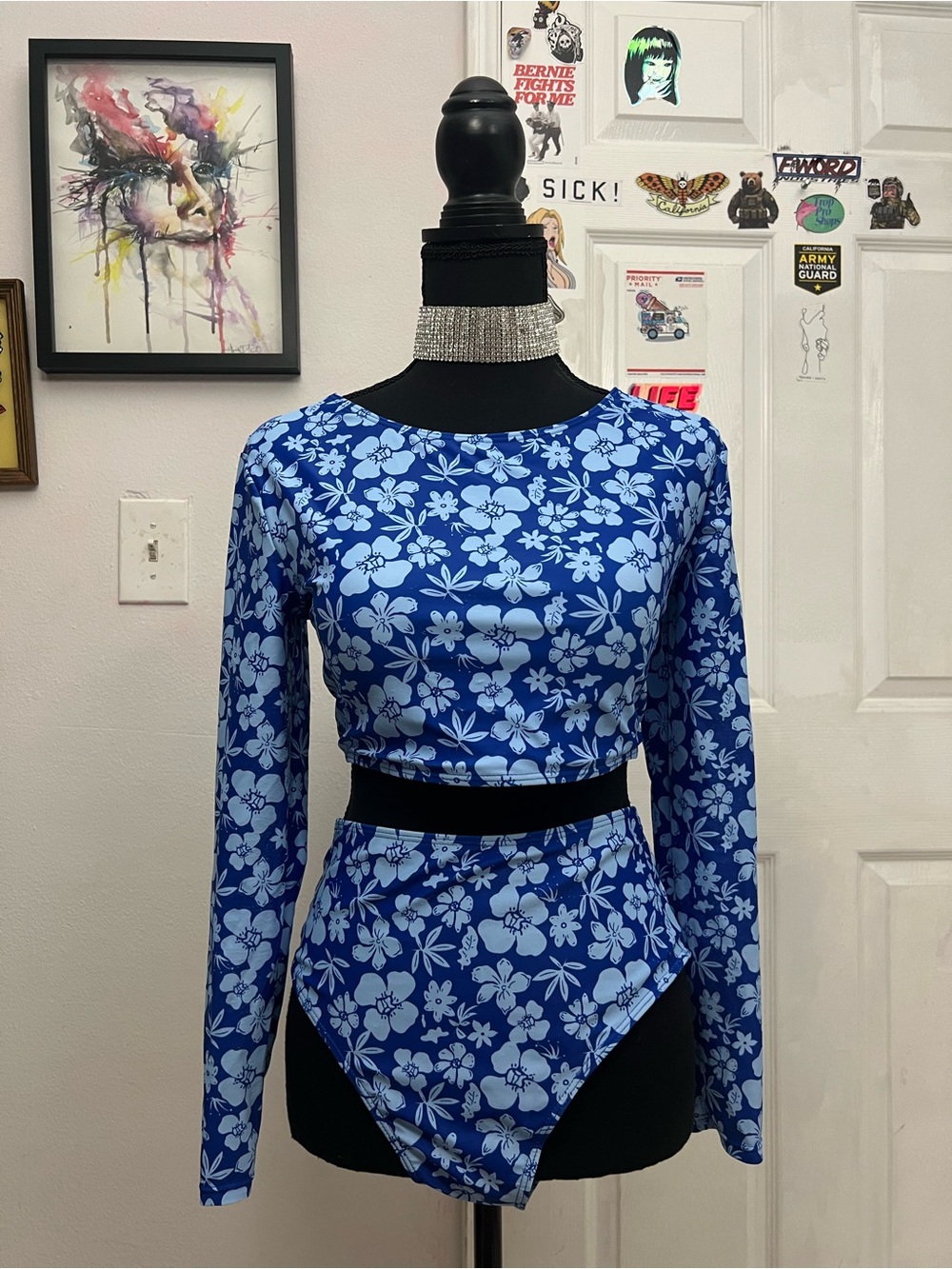 Blue Floral Long-Sleeve Bikini Set (Read Description)
